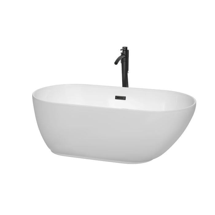 Wyndham Collection Melissa 60 Inch Freestanding Bathtub in White with Floor Mounted Faucet, Drain and Overflow Trim