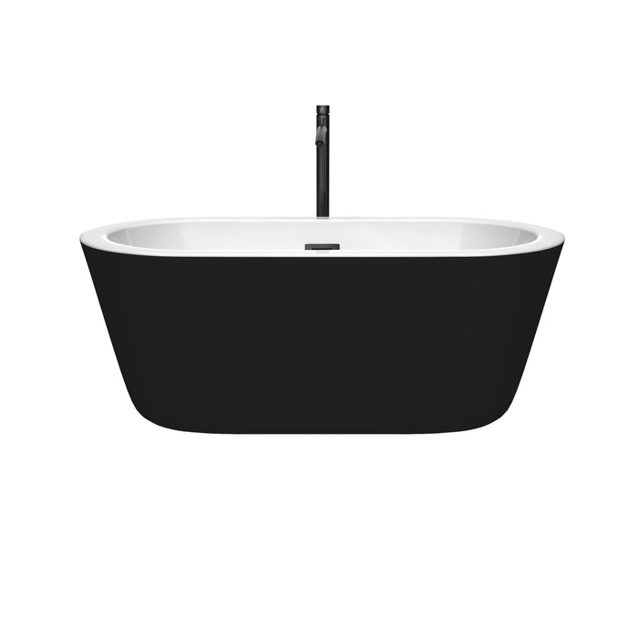 Wyndham Collection Mermaid 60 Inch Freestanding Bathtub in Black with White Interior with Floor Mounted Faucet, Drain and Overflow Trim