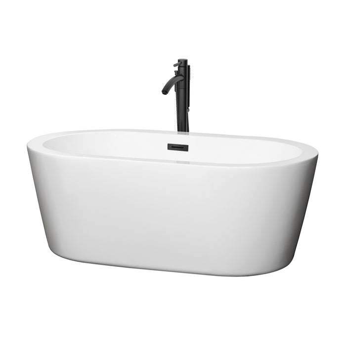 Wyndham Collection Mermaid 60 Inch Freestanding Bathtub in White with Floor Mounted Faucet, Drain and Overflow Trim