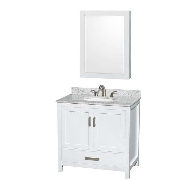 Wyndham Collection Sheffield 36 Inch Single Bathroom Vanity in White, White Carrara Marble Countertop, Undermount Oval Sink