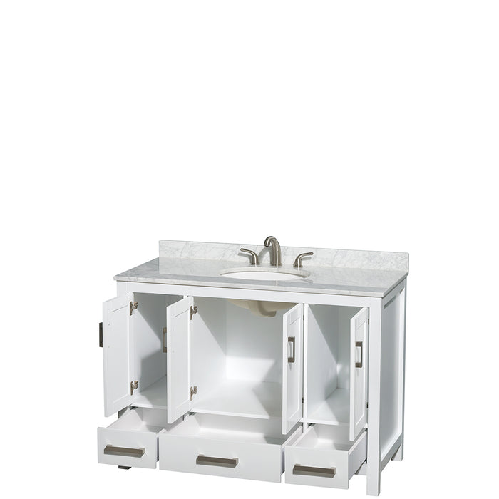 Wyndham Collection Sheffield 48 Inch Single Bathroom Vanity in White, White Carrara Marble Countertop, Undermount Oval Sink