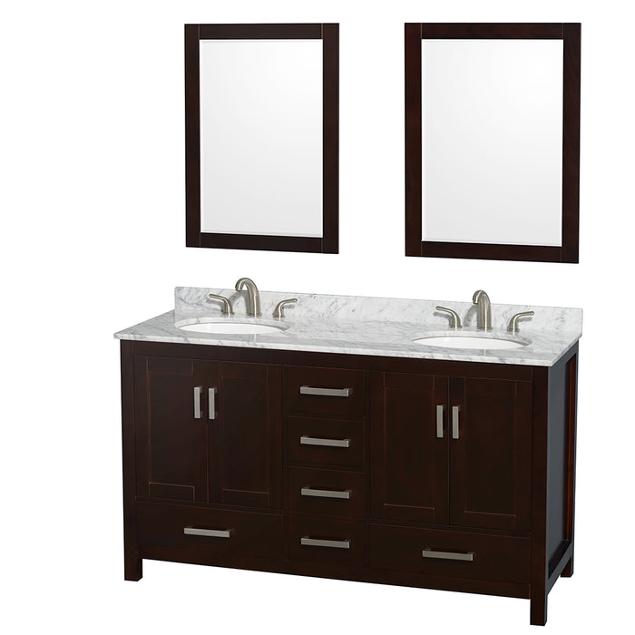 Wyndham Collection Sheffield 60 Inch Double Bathroom Vanity in Espresso, White Carrara Marble Countertop, Undermount Oval Sinks