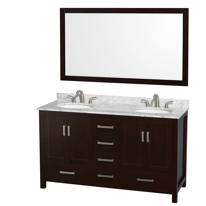 Wyndham Collection Sheffield 60 Inch Double Bathroom Vanity in Espresso, White Carrara Marble Countertop, Undermount Oval Sinks