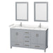 Wyndham Collection Sheffield 60 Inch Double Bathroom Vanity in Gray, Carrara Cultured Marble Countertop, Undermount Square Sinks