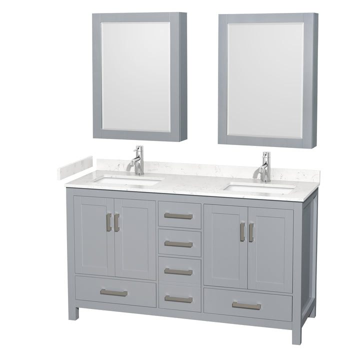 Wyndham Collection Sheffield 60 Inch Double Bathroom Vanity in Gray, Carrara Cultured Marble Countertop, Undermount Square Sinks