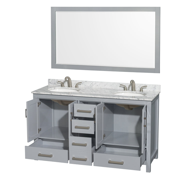 Wyndham Collection Sheffield 60 Inch Double Bathroom Vanity in Gray, White Carrara Marble Countertop, Undermount Oval Sinks