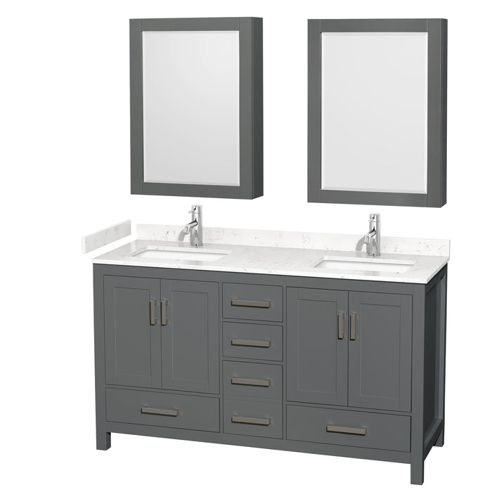 Wyndham Collection Sheffield 60 Inch Double Bathroom Vanity in Dark Gray, Carrara Cultured Marble Countertop, Undermount Square Sinks