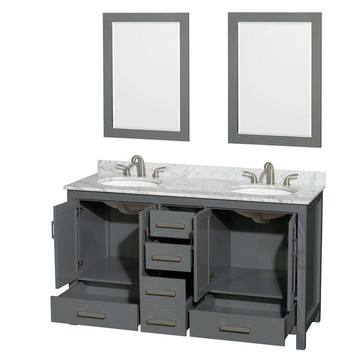 Wyndham Collection Sheffield 60 Inch Double Bathroom Vanity in Dark Gray, White Carrara Marble Countertop, Undermount Oval Sinks