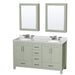 Wyndham Collection Sheffield 60 inch Double Bathroom Vanity in Light Green, White Carrara Marble Countertop, Undermount Oval Sinks, Brushed Nickel Trim