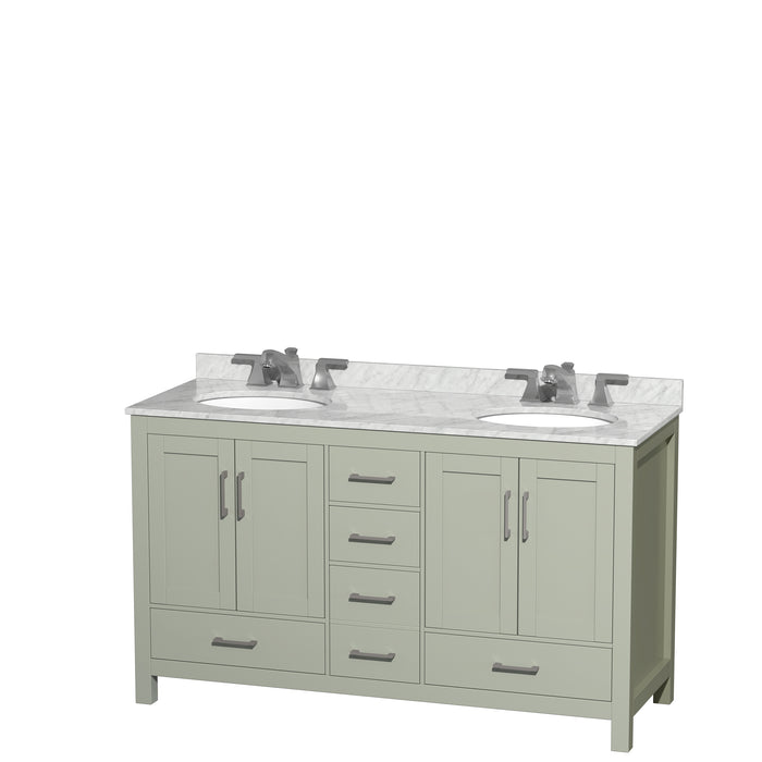 Wyndham Collection Sheffield 60 inch Double Bathroom Vanity in Light Green, White Carrara Marble Countertop, Undermount Oval Sinks, Brushed Nickel Trim