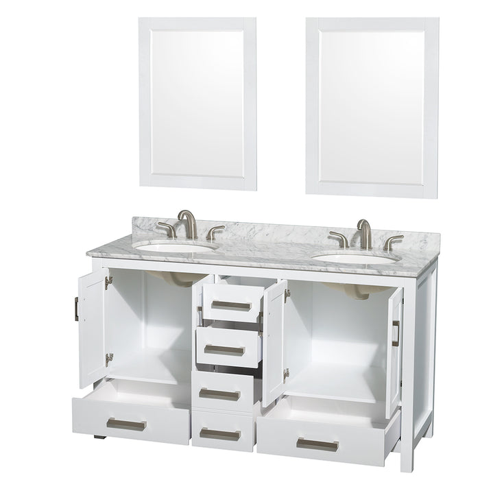 Wyndham Collection Sheffield 60 Inch Double Bathroom Vanity in White, White Carrara Marble Countertop, Undermount Oval Sinks