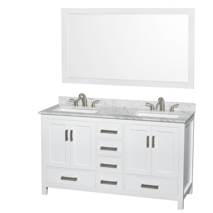 Wyndham Collection Sheffield 60 Inch Double Bathroom Vanity in White, White Carrara Marble Countertop, Undermount 3-Hole Square Sinks, 58 Inch Mirror WCS141460DWHCMUS3M58