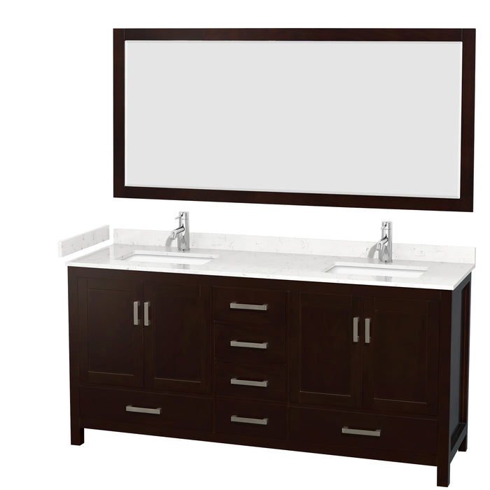 Wyndham Collection Sheffield 72 Inch Double Bathroom Vanity in Espresso, Carrara Cultured Marble Countertop, Undermount Square Sinks