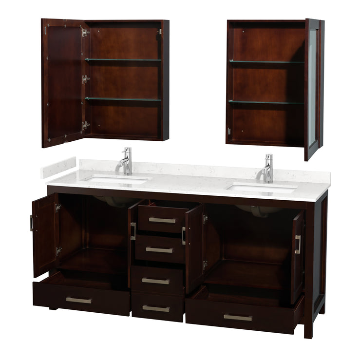 Wyndham Collection Sheffield 72 Inch Double Bathroom Vanity in Espresso, Carrara Cultured Marble Countertop, Undermount Square Sinks