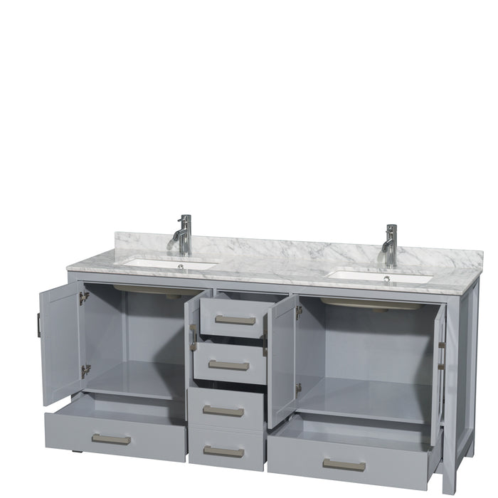 Wyndham Collection Sheffield 72 Inch Double Bathroom Vanity in Gray, White Carrara Marble Countertop