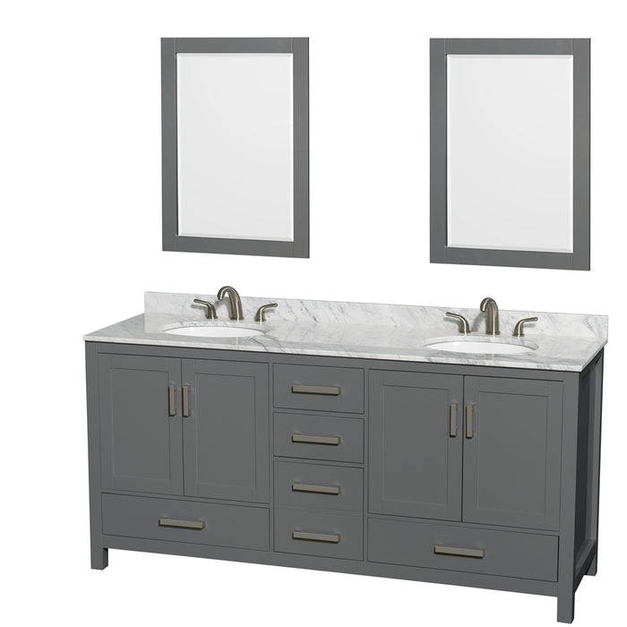 Wyndham Collection Sheffield 72 Inch Double Bathroom Vanity in Dark Gray, White Carrara Marble Countertop, Undermount Oval Sinks