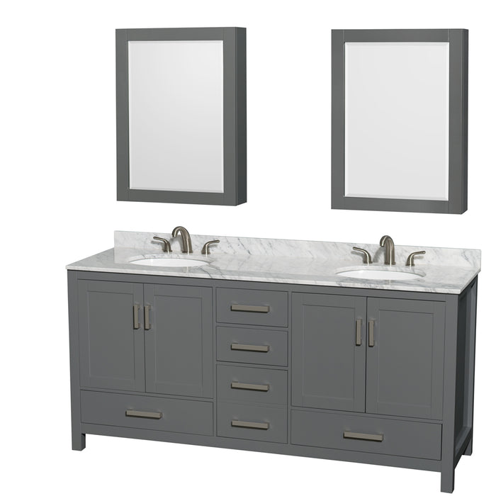 Wyndham Collection Sheffield 72 Inch Double Bathroom Vanity in Dark Gray, White Carrara Marble Countertop, Undermount Oval Sinks