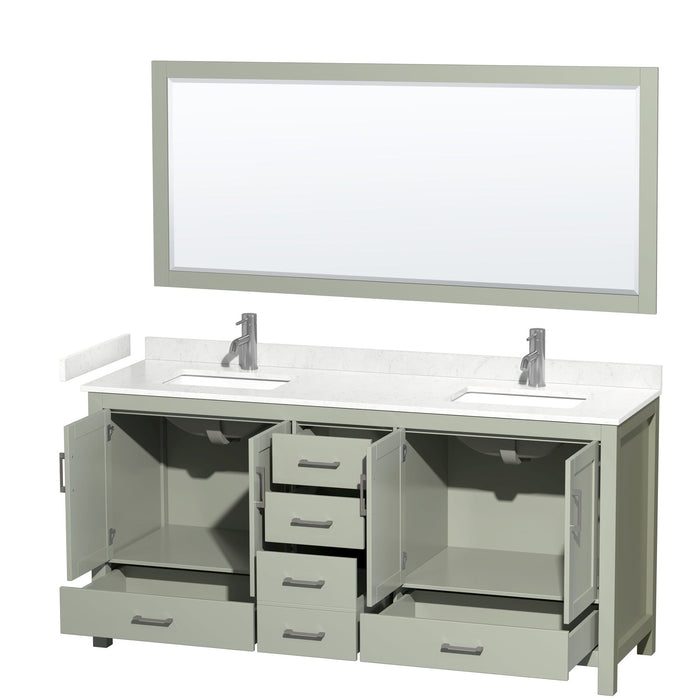 Wyndham Collection Sheffield 72 inch Double Bathroom Vanity in Light Green, Carrara Cultured Marble Countertop, Undermount Square Sinks, Brushed Nickel Trim
