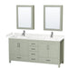 Wyndham Collection Sheffield 72 inch Double Bathroom Vanity in Light Green, Carrara Cultured Marble Countertop, Undermount Square Sinks, Brushed Nickel Trim