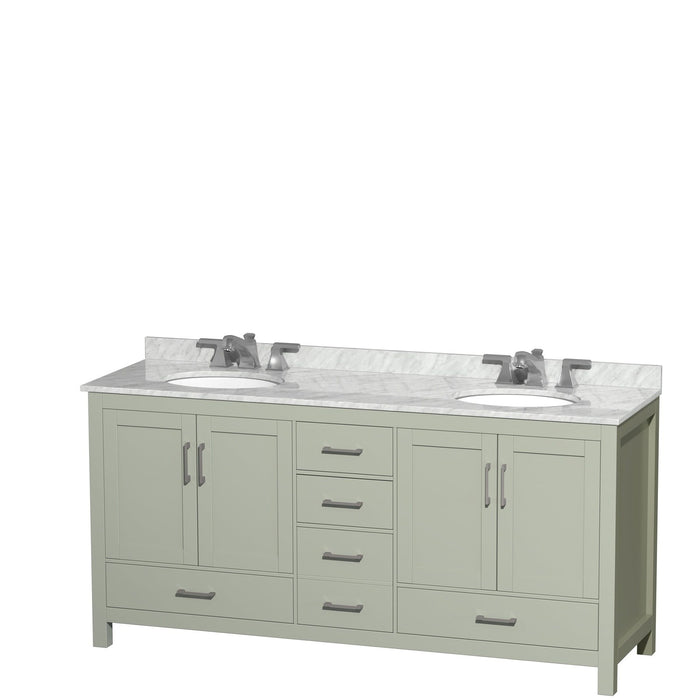 Wyndham Collection Sheffield 72 inch Double Bathroom Vanity in Light Green, White Carrara Marble Countertop, Brushed Nickel Trim