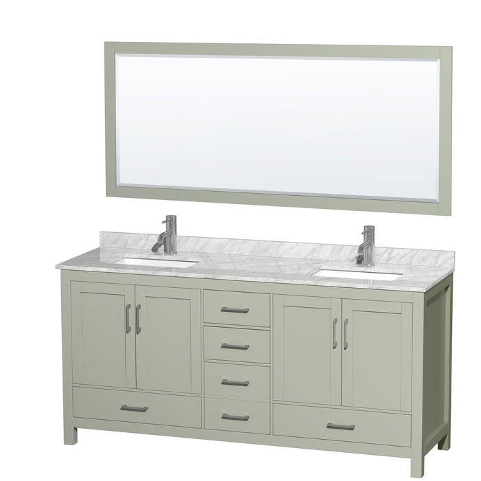 Wyndham Collection Sheffield 72 inch Double Bathroom Vanity in Light Green, White Carrara Marble Countertop, Brushed Nickel Trim