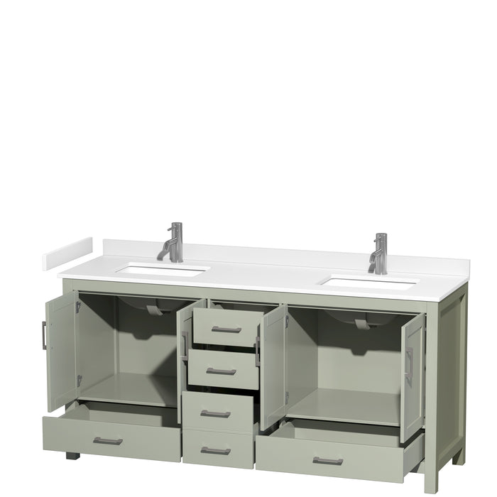 Wyndham Collection Sheffield 72 inch Double Bathroom Vanity in Light Green, White Cultured Marble Countertop, Undermount Square Sinks, Brushed Nickel Trim