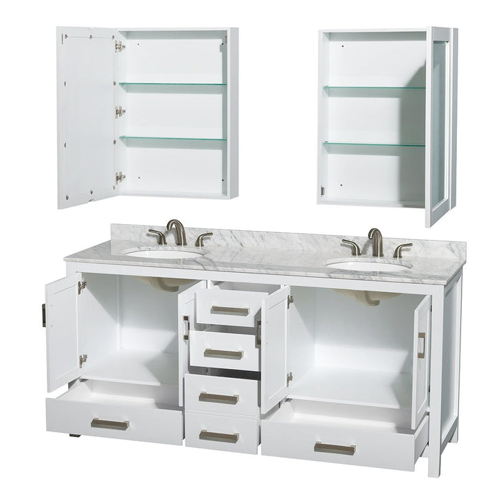 Wyndham Collection Sheffield 72 Inch Double Bathroom Vanity in White, White Carrara Marble Countertop, Undermount Oval Sinks