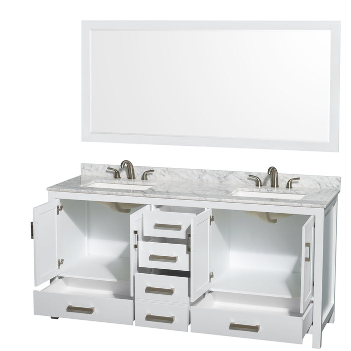 Wyndham Collection Sheffield 72 Inch Double Bathroom Vanity in White, White Carrara Marble Countertop, Undermount 3-Hole Square Sinks, 70 Inch Mirror WCS141472DWHCMUS3M70