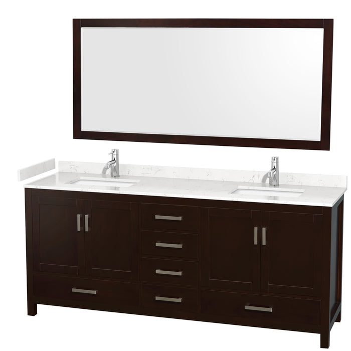 Wyndham Collection Sheffield 80 Inch Double Bathroom Vanity in Espresso, Carrara Cultured Marble Countertop, Undermount Square Sinks