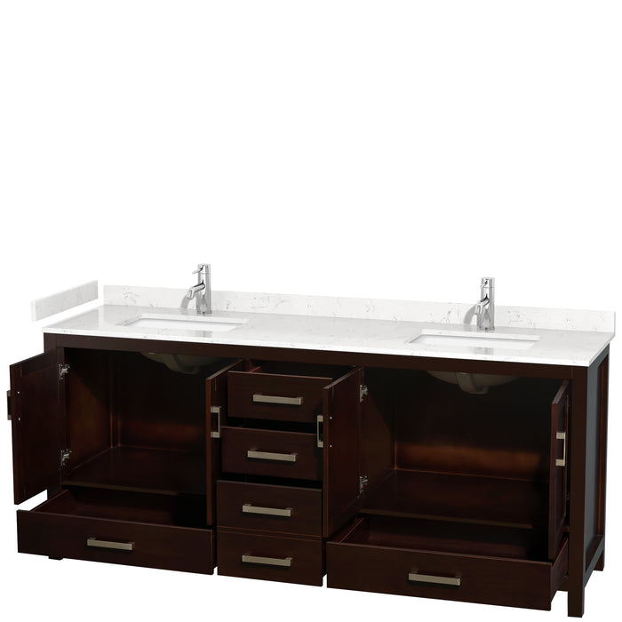 Wyndham Collection Sheffield 80 Inch Double Bathroom Vanity in Espresso, Carrara Cultured Marble Countertop, Undermount Square Sinks