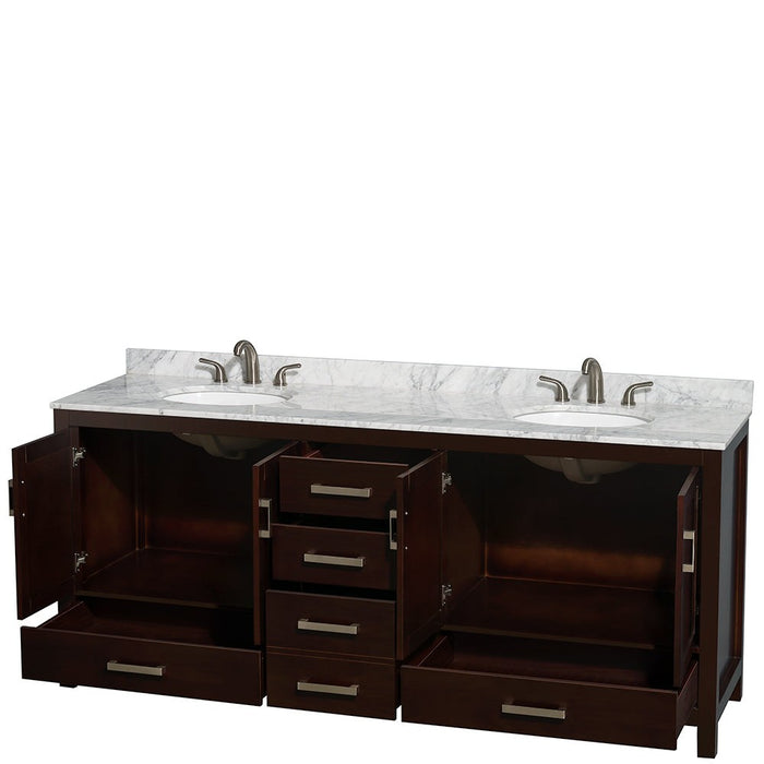 Wyndham Collection Sheffield 80 Inch Double Bathroom Vanity in Espresso, White Carrara Marble Countertop