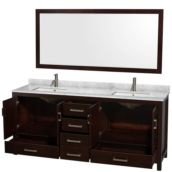 Wyndham Collection Sheffield 80 Inch Double Bathroom Vanity in Espresso, White Carrara Marble Countertop