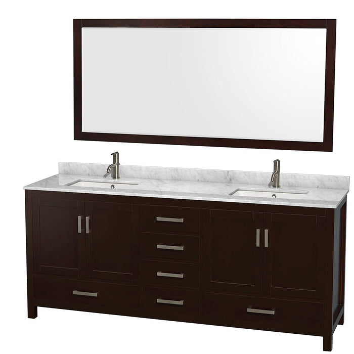 Wyndham Collection Sheffield 80 Inch Double Bathroom Vanity in Espresso, White Carrara Marble Countertop