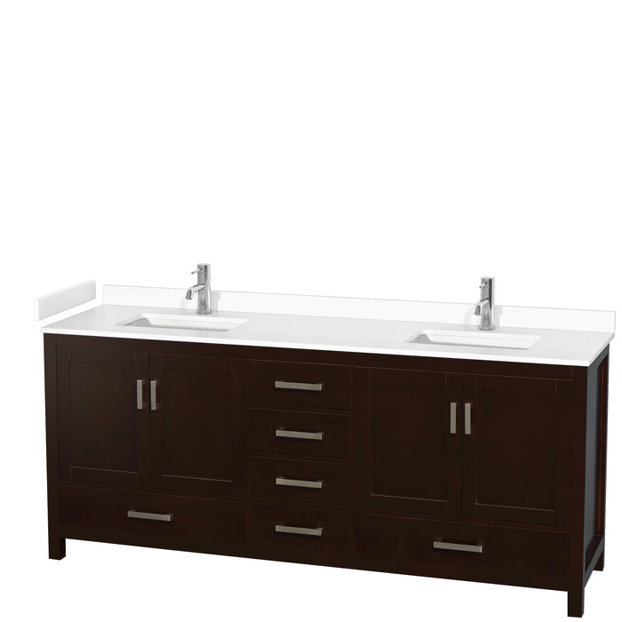 Wyndham Collection Sheffield 80 Inch Double Bathroom Vanity in Espresso, White Cultured Marble Countertop, Undermount Square Sinks