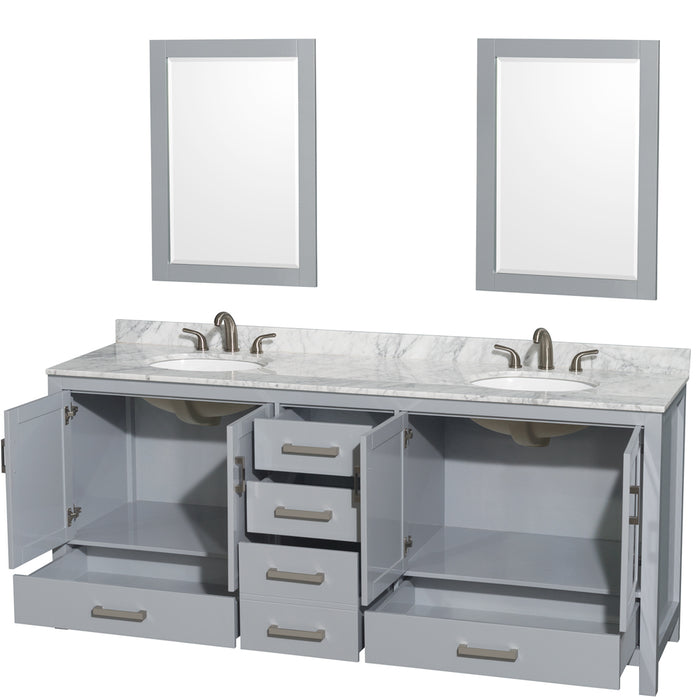 Wyndham Collection Sheffield 80 Inch Double Bathroom Vanity in Gray, White Carrara Marble Countertop, Undermount Oval Sinks