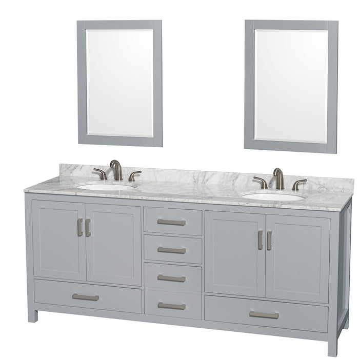 Wyndham Collection Sheffield 80 Inch Double Bathroom Vanity in Gray, White Carrara Marble Countertop, Undermount Oval Sinks