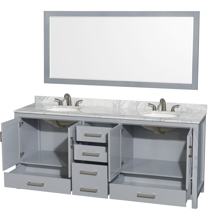 Wyndham Collection Sheffield 80 Inch Double Bathroom Vanity in Gray, White Carrara Marble Countertop, Undermount Oval Sinks