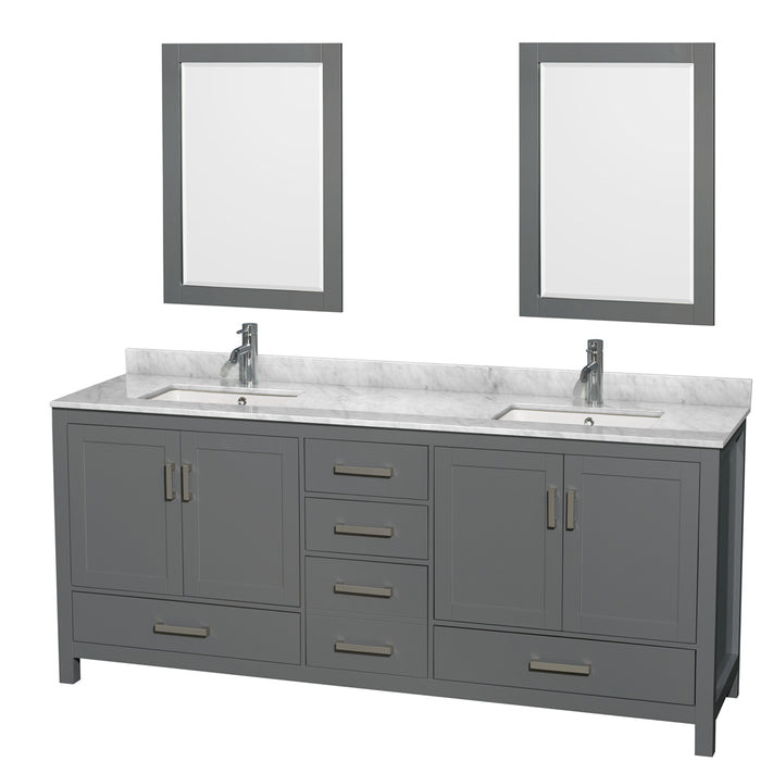 Wyndham Collection Sheffield 80 Inch Double Bathroom Vanity in Dark Gray, White Carrara Marble Countertop
