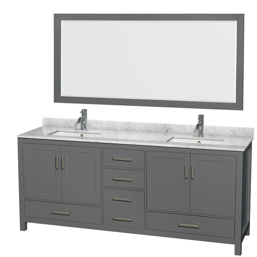 Wyndham Collection Sheffield 80 Inch Double Bathroom Vanity in Dark Gray, White Carrara Marble Countertop