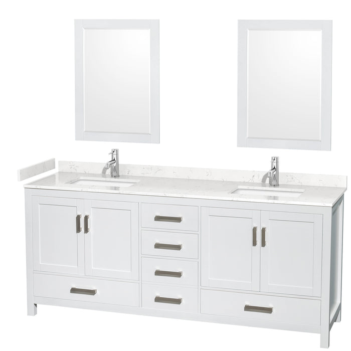 Wyndham Collection Sheffield 80 Inch Double Bathroom Vanity in White, Carrara Cultured Marble Countertop, Undermount Square Sinks