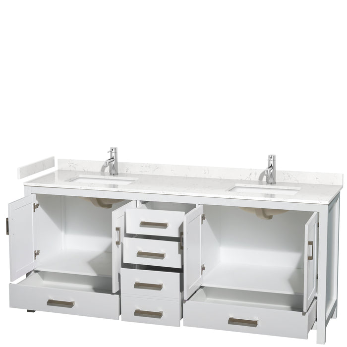 Wyndham Collection Sheffield 80 Inch Double Bathroom Vanity in White, Carrara Cultured Marble Countertop, Undermount Square Sinks