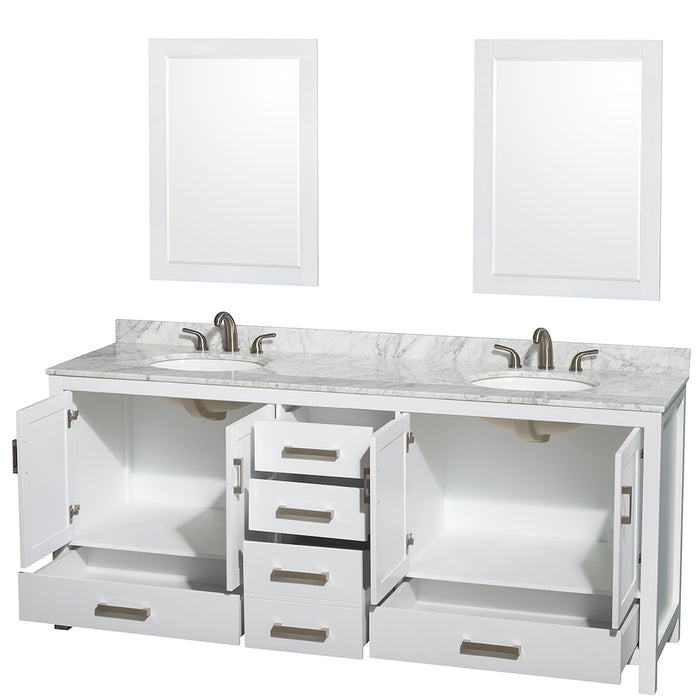 Wyndham Collection Sheffield 80 Inch Double Bathroom Vanity in White, White Carrara Marble Countertop