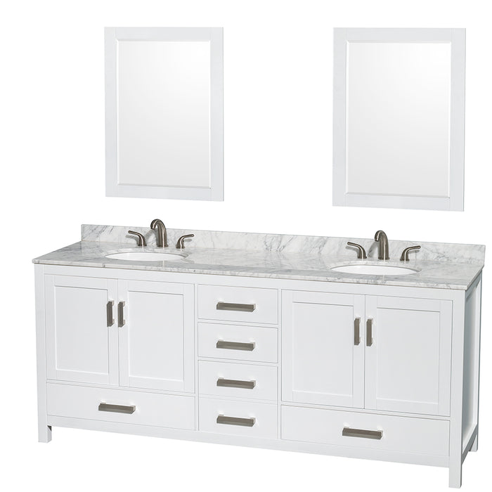 Wyndham Collection Sheffield 80 Inch Double Bathroom Vanity in White, White Carrara Marble Countertop