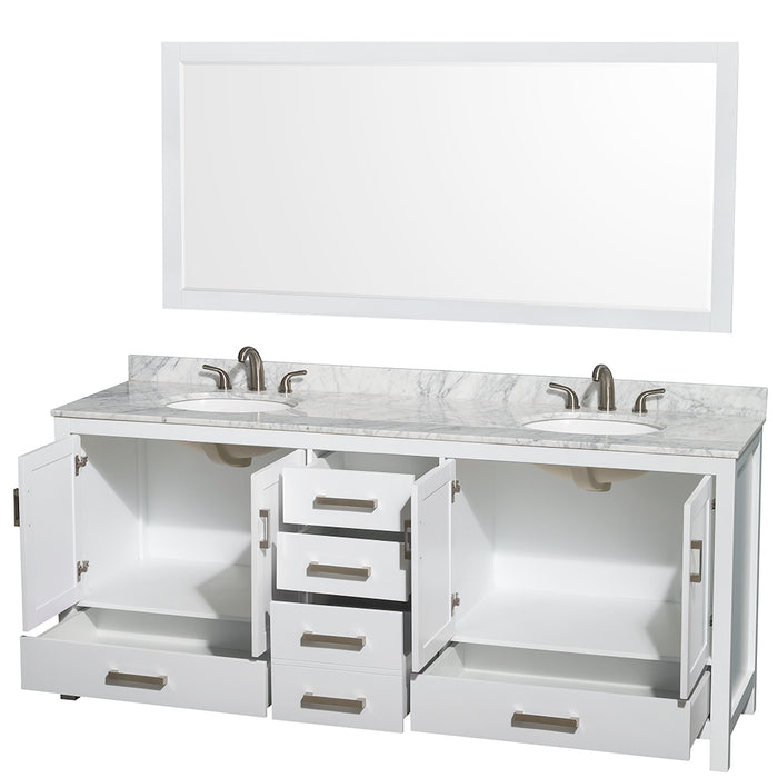 Wyndham Collection Sheffield 80 Inch Double Bathroom Vanity in White, White Carrara Marble Countertop