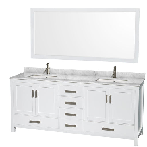 Wyndham Collection Sheffield 80 Inch Double Bathroom Vanity in White, White Carrara Marble Countertop