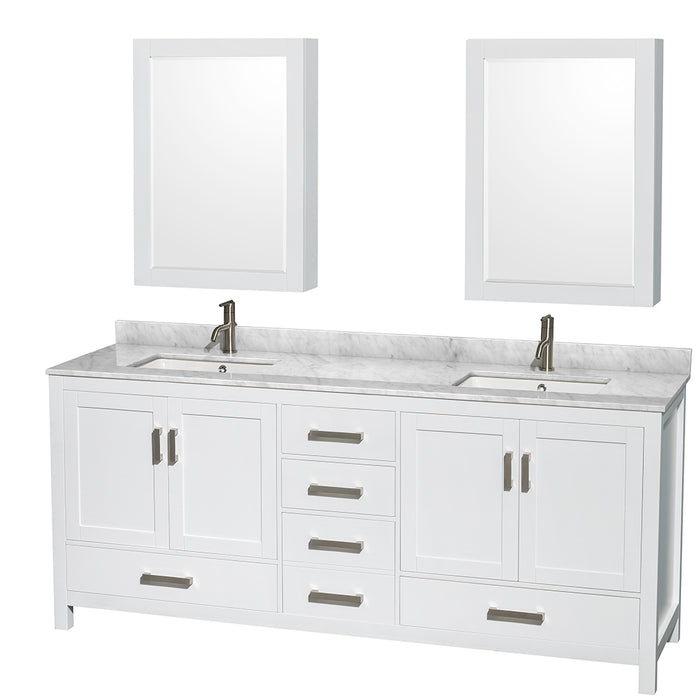 Wyndham Collection Sheffield 80 Inch Double Bathroom Vanity in White, White Carrara Marble Countertop