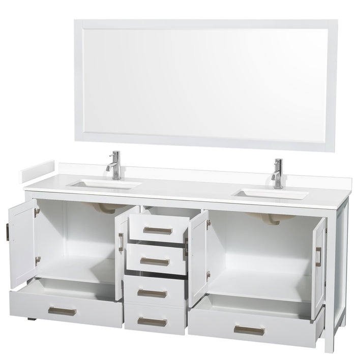 Wyndham Collection Sheffield 80 Inch Double Bathroom Vanity in White, White Cultured Marble Countertop, Undermount Square Sinks