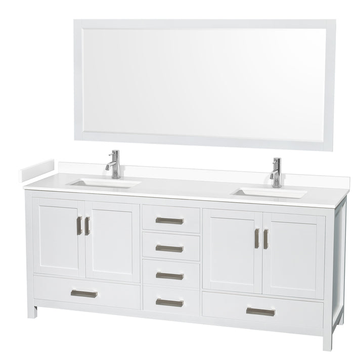 Wyndham Collection Sheffield 80 Inch Double Bathroom Vanity in White, White Cultured Marble Countertop, Undermount Square Sinks