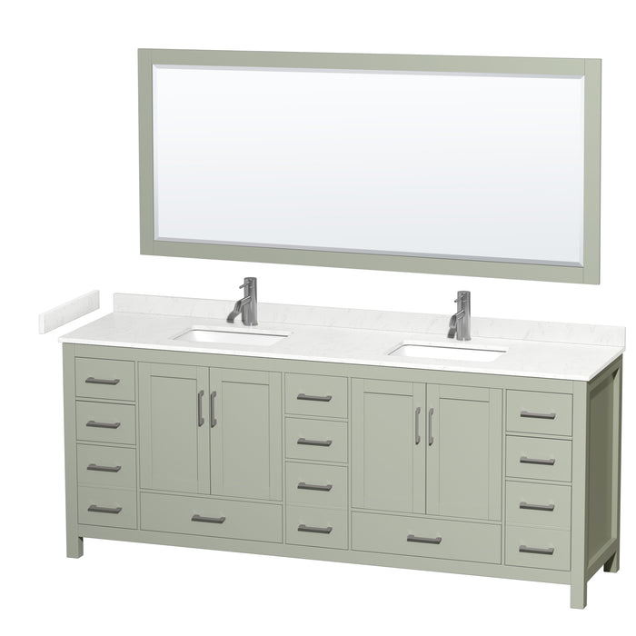 Wyndham Collection Sheffield 84 inch Double Bathroom Vanity in Light Green, Carrara Cultured Marble Countertop, Undermount Square Sinks, Brushed Nickel Trim