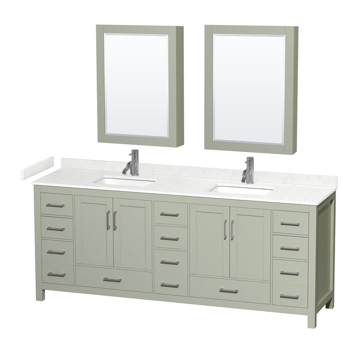 Wyndham Collection Sheffield 84 inch Double Bathroom Vanity in Light Green, Carrara Cultured Marble Countertop, Undermount Square Sinks, Brushed Nickel Trim
